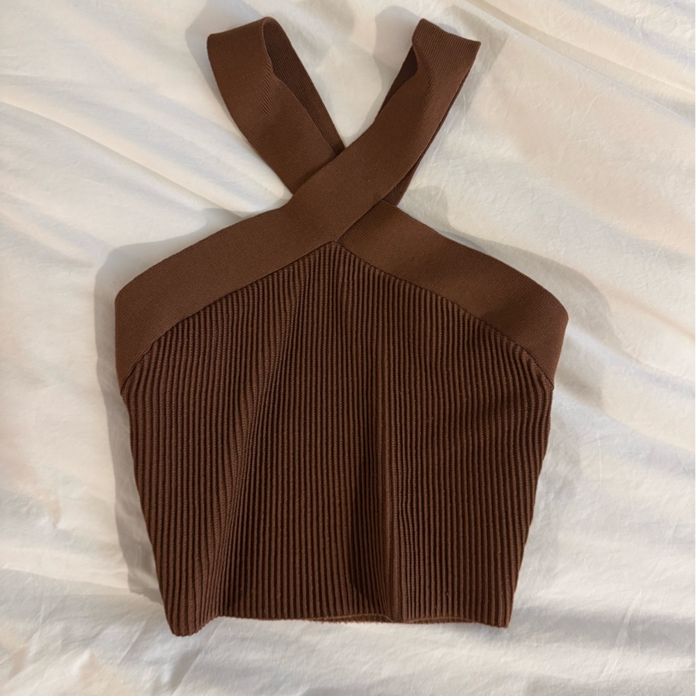 Babaton Brown Cross Neck Ribbed Knit Top